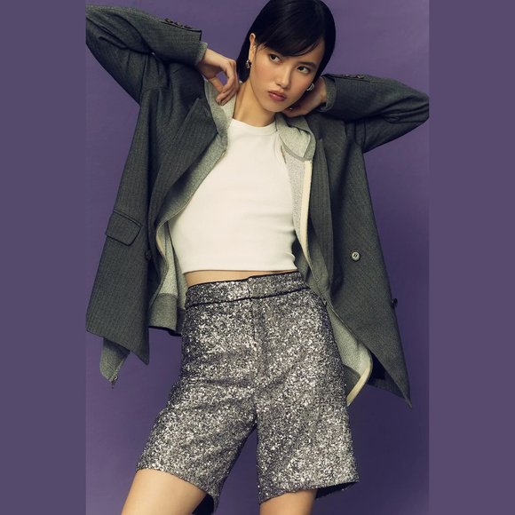 NEW Maeve Size L, Women's Sequin Longline Shorts - Silver - Picture 6 of 8